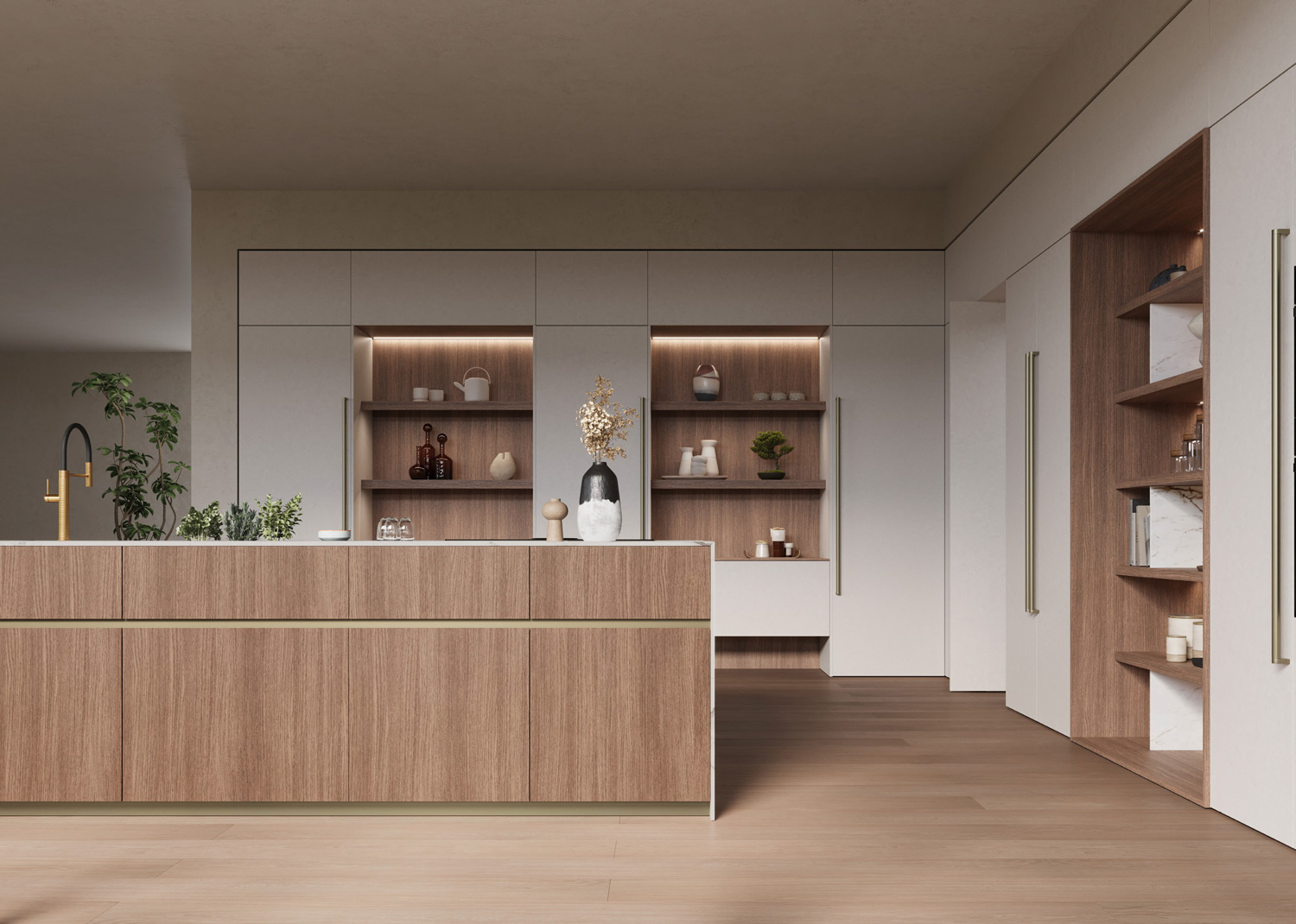 Cucina Zecchinon in stile Japandi con isola centrale in finitura effetto legno, finitura effetto marmo e dettagli in metallo color ottone. Parete attrezzata con vani a giorno illuminati, mensole integrate e mobili a scomparsa dal design minimalista.