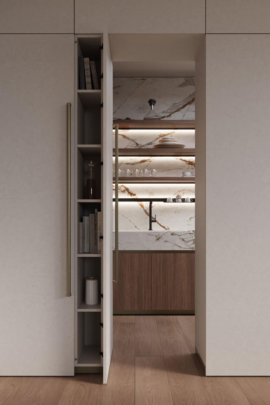 Porta passante con scaffali integrati che conduce alla dispensa nascosta della cucina Zecchinon in stile Japandi, con finitura effetto marmo e mensole in legno illuminate.