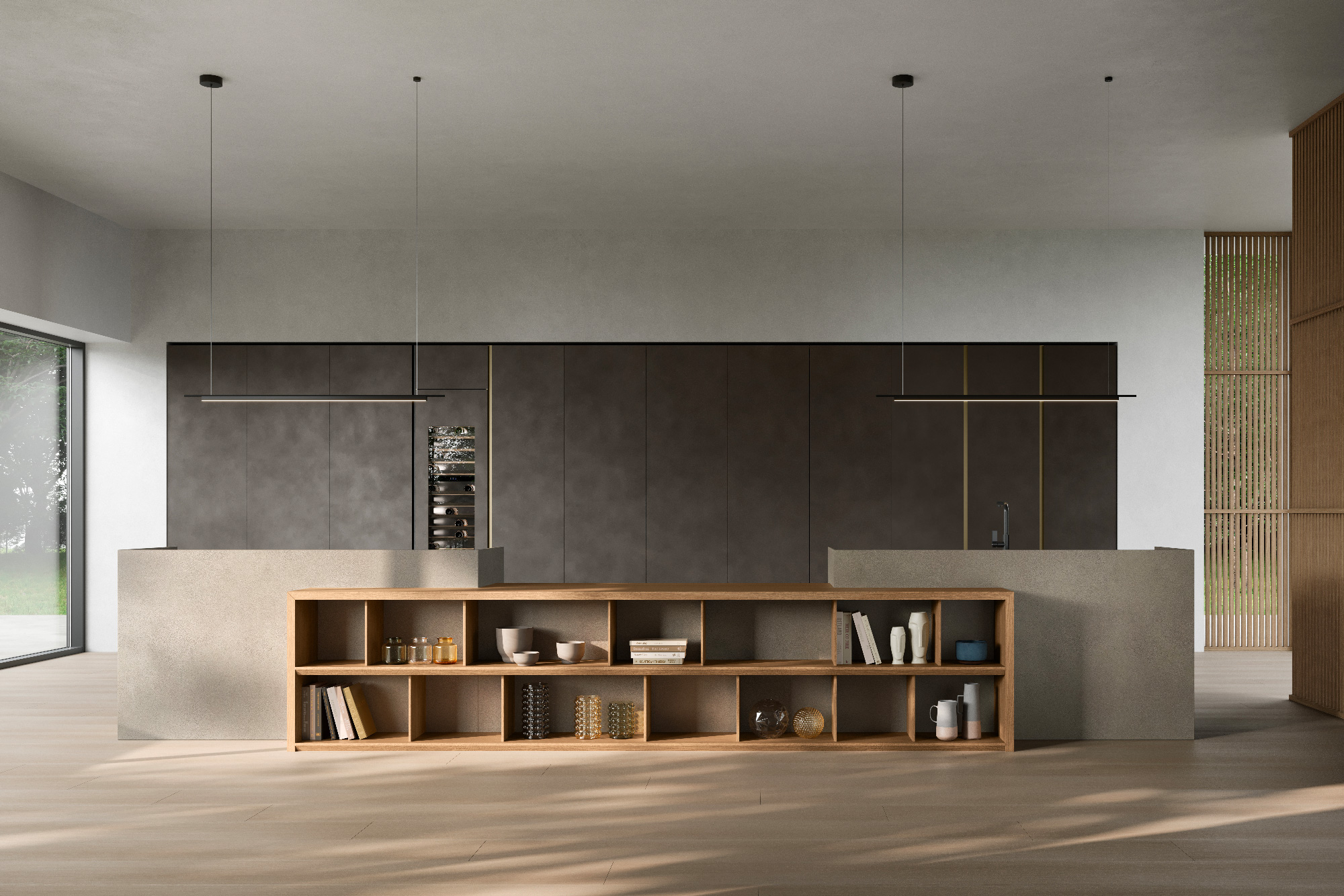 Cucina moderna stile quiet luxury con isola in pietra chiara e colonne a tutta altezza in finitura scura; frontale a giorno in legno con mensole a vista