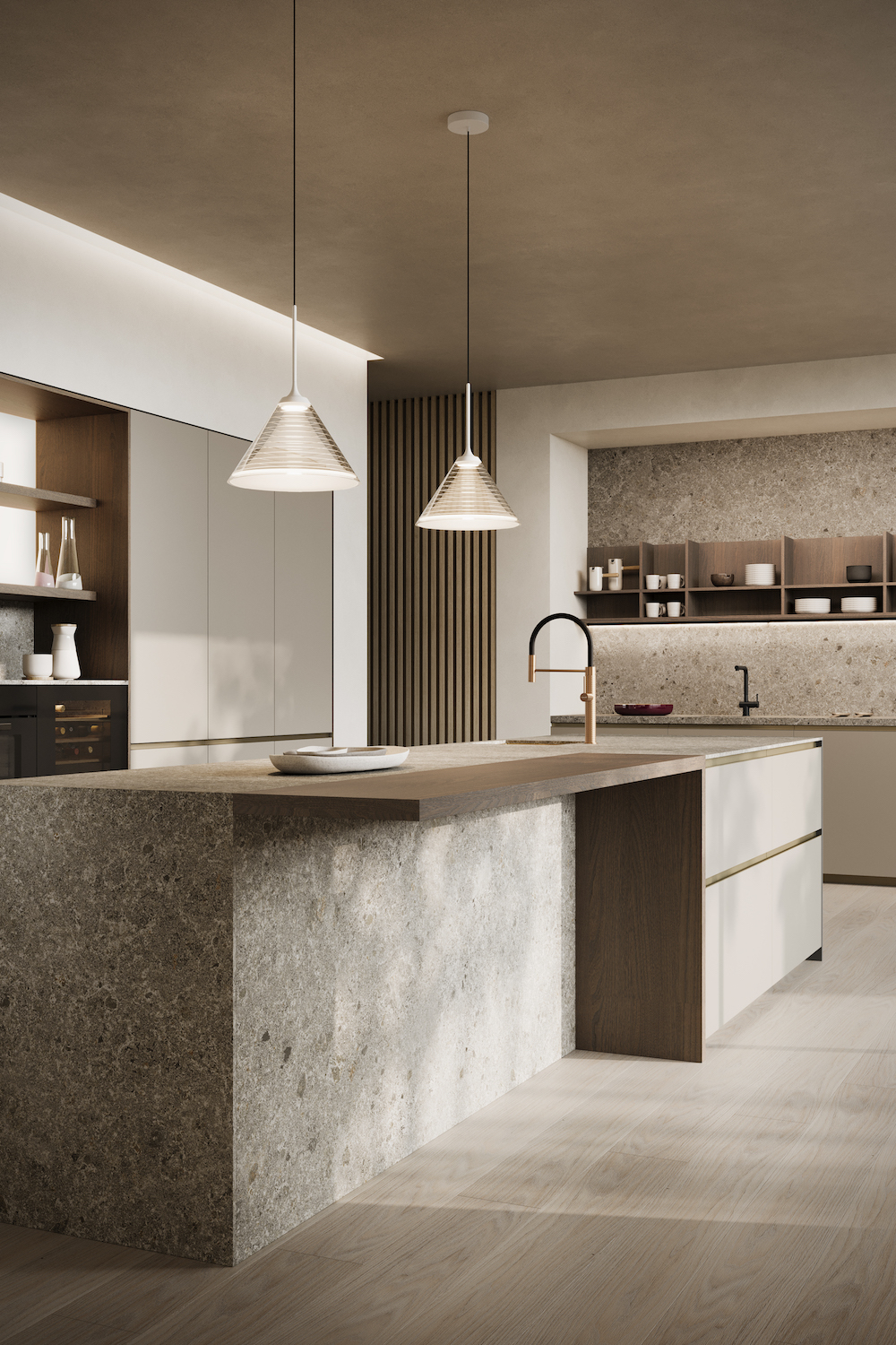 Cucina moderna Zecchinon in effetto pietra isola centrale con tavolo snak air in legno, illuminazione a sospensione