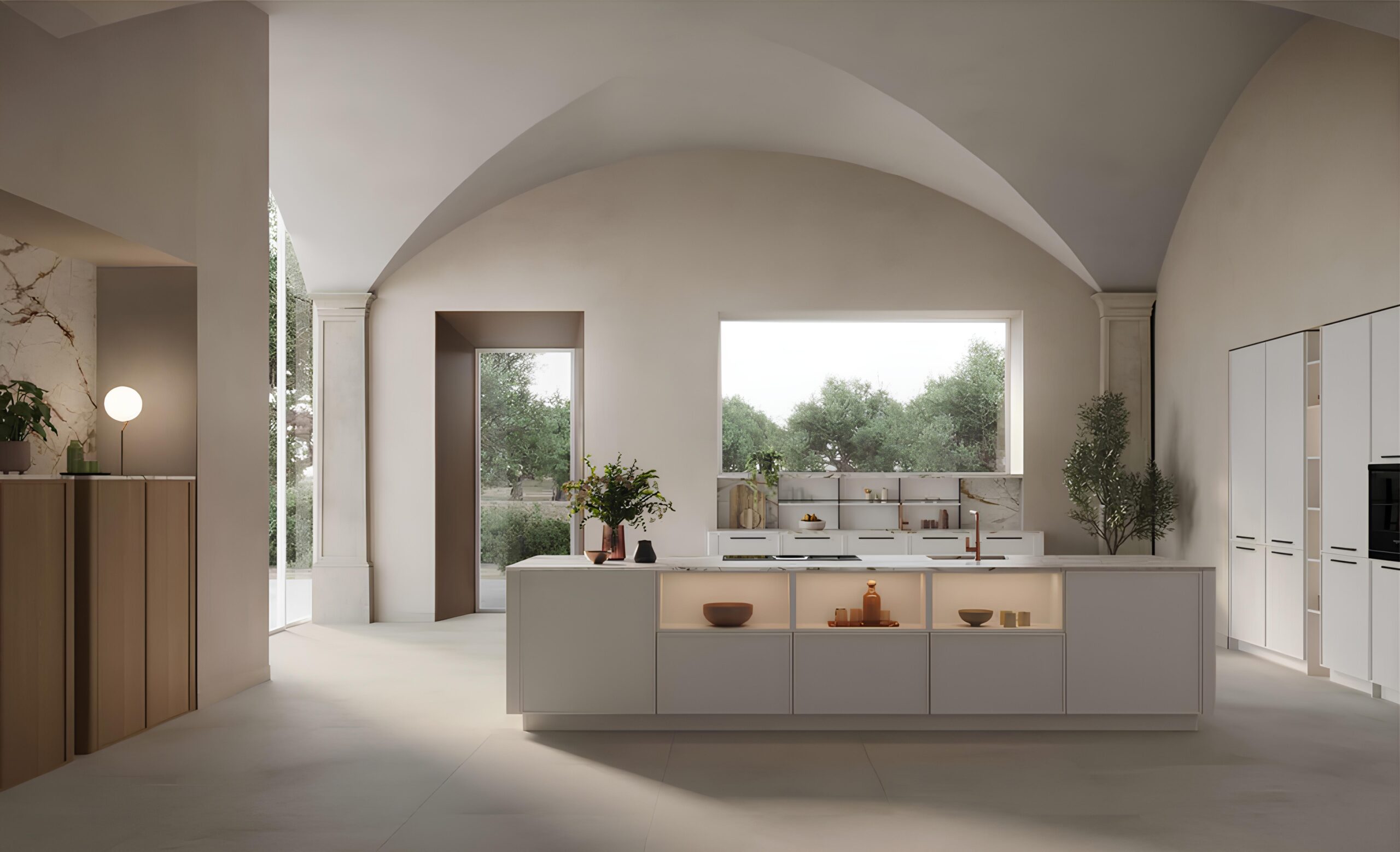 Cucina moderna Zecchinon in laccato opaco ghiaia con isola centrale con vani a giorno, piano a induzione, lavabo integrato