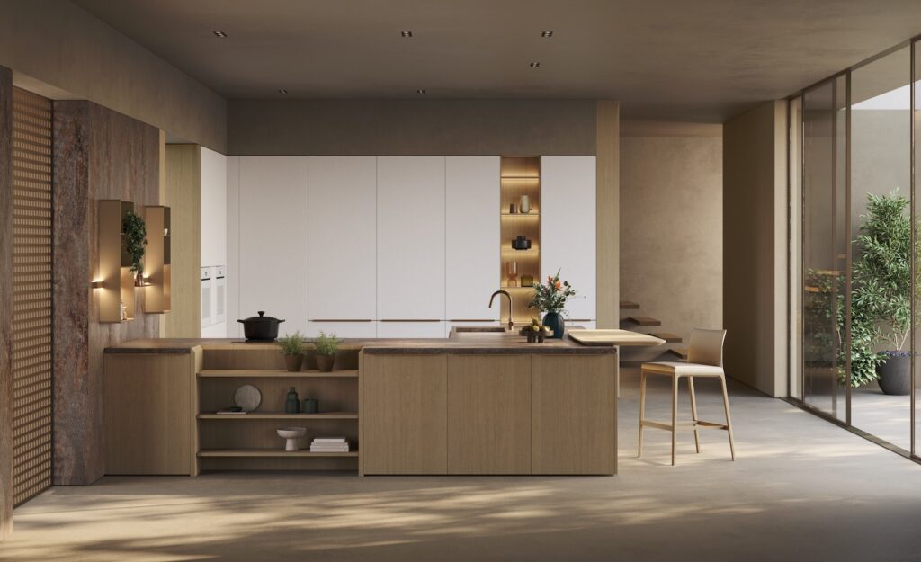 Cucina Zecchinon con penisola e inserti in legno, colonne in materiale tecnico bianco