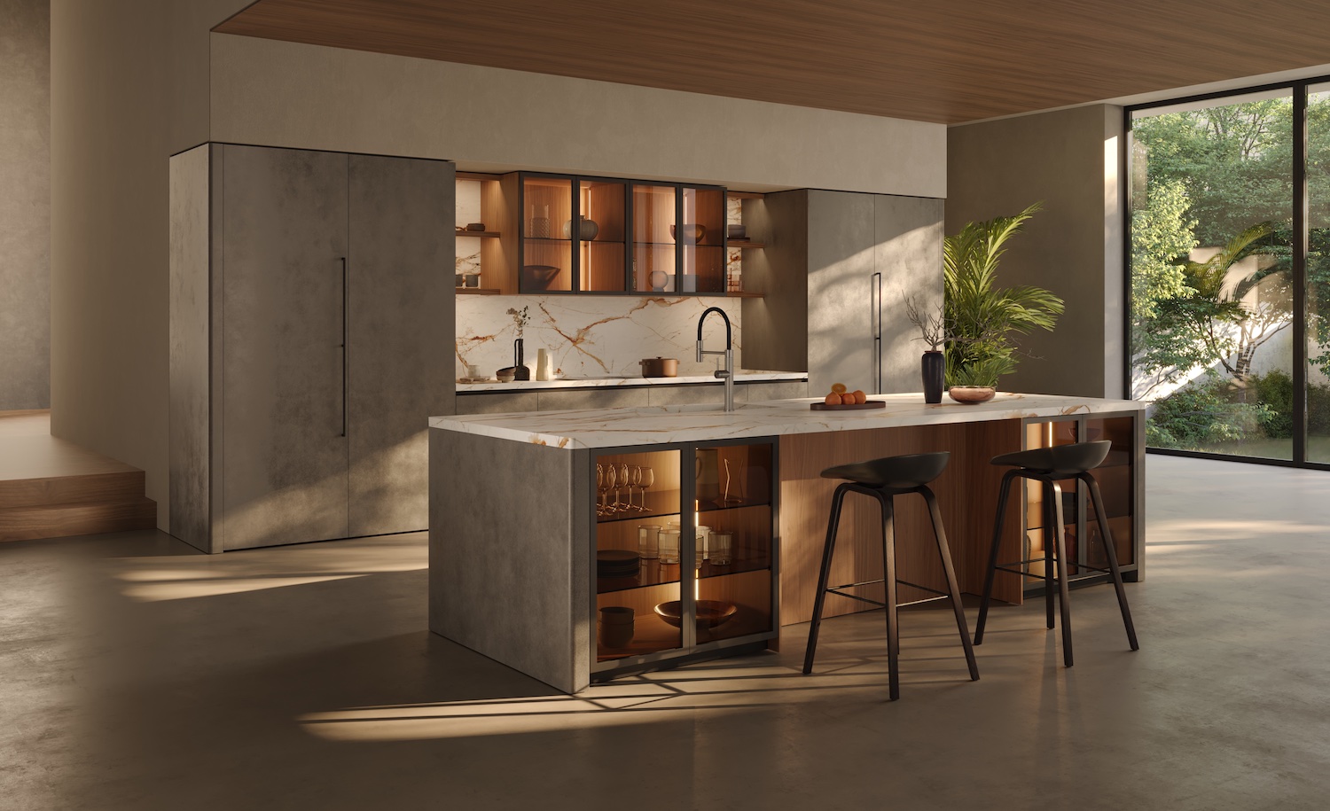 Cucina Zecchinon con isola centrale, materiale tecnico grigio, piano di lavoro chiaro con venature dorate, lavabo integrato, cantinetta e sgabelli in legno