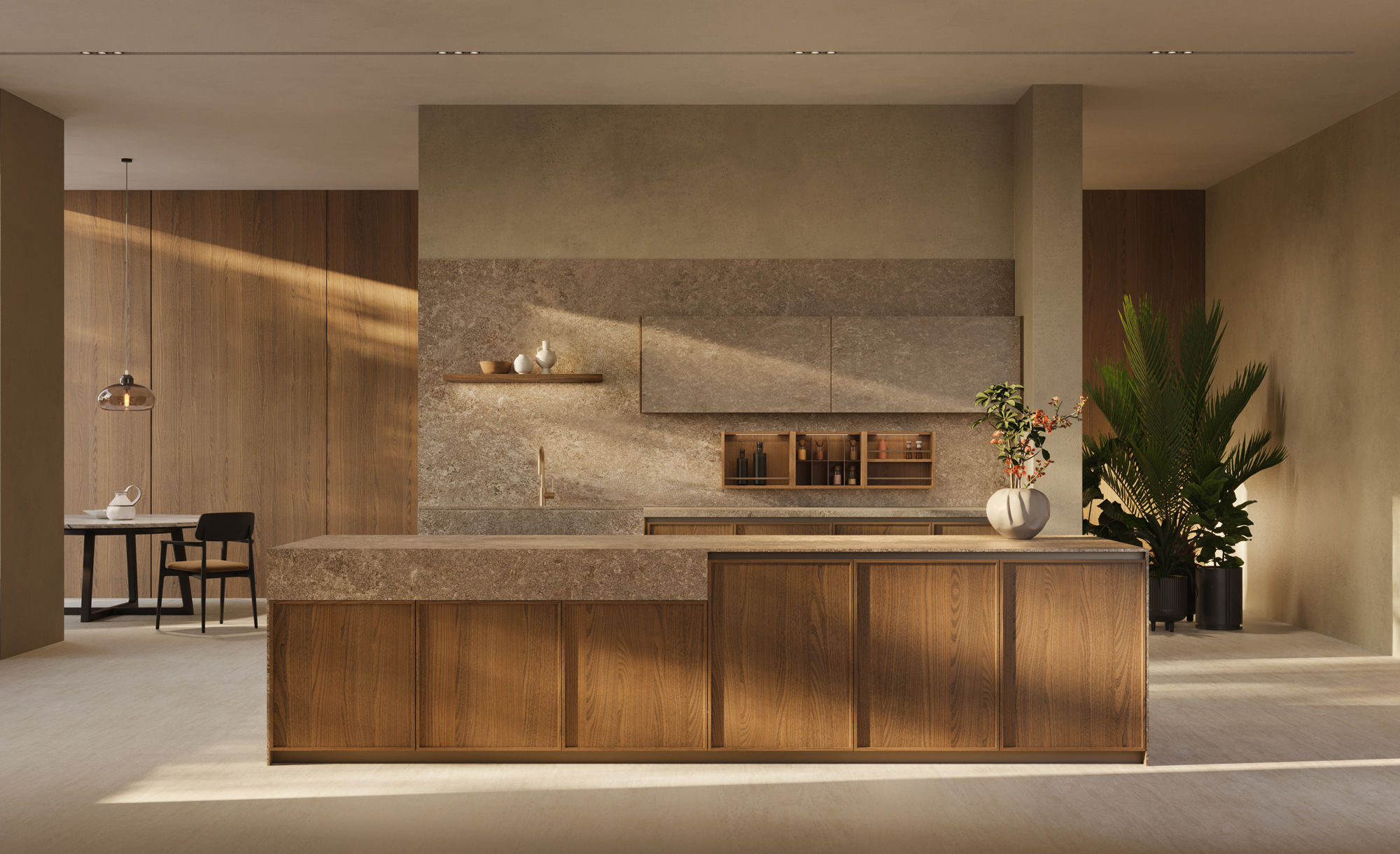 cucina zecchinon, collezione frame 1.5, in toni naturali con legno e pietra naturale