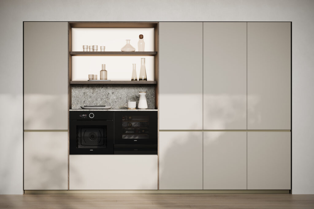 Cucina Zecchinon in materiale tecnico chiaro, con vano a giorno e cantinetta
