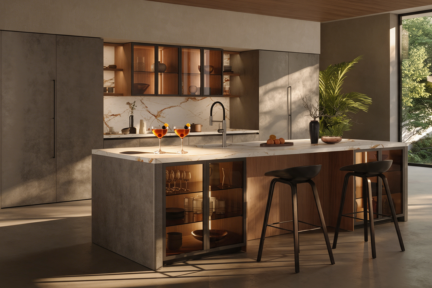 Due cocktail Brooklyn nell'isola della cucina Zecchinon in materiale tecnico scuro